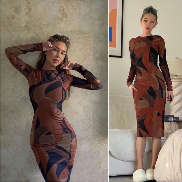 House of CB 'Cassidy' Brown Mesh Printed Long Sleeve Midi Dress NWOT - Picture 3 of 16